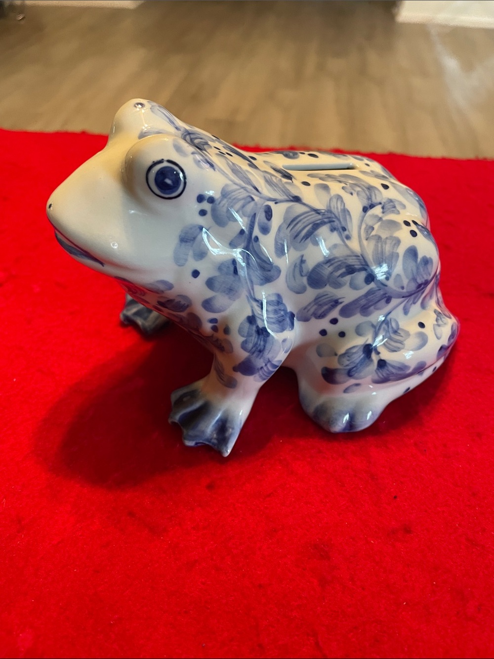 Andrea By Sadek White and Blue Ceramic/ Porcelain Frog Figurine Piggy Bank